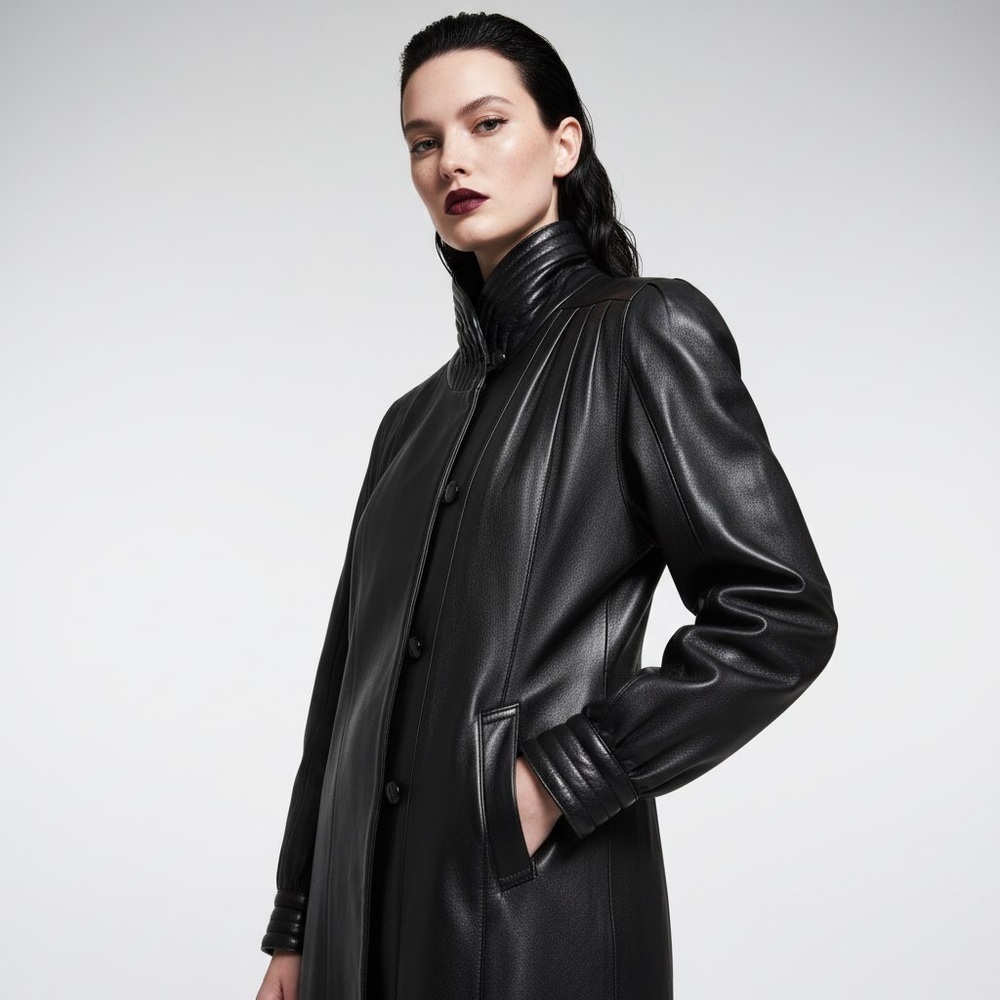 Vintage Mandarin Black Leather Coat 80s High Collar Made in Italy Size S